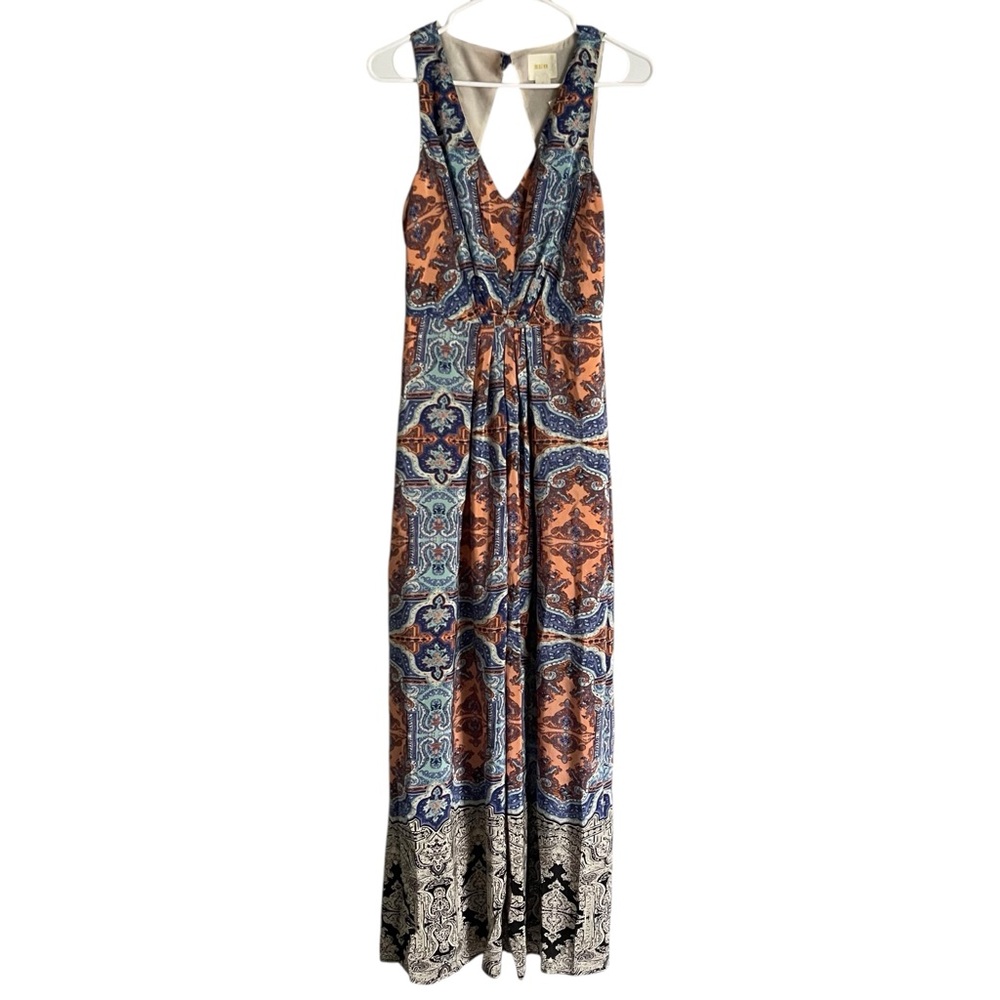 Anthropologie Maeve Medallion Cut Out Silk Boho Maxi Dress Sz 6 Blue Orange